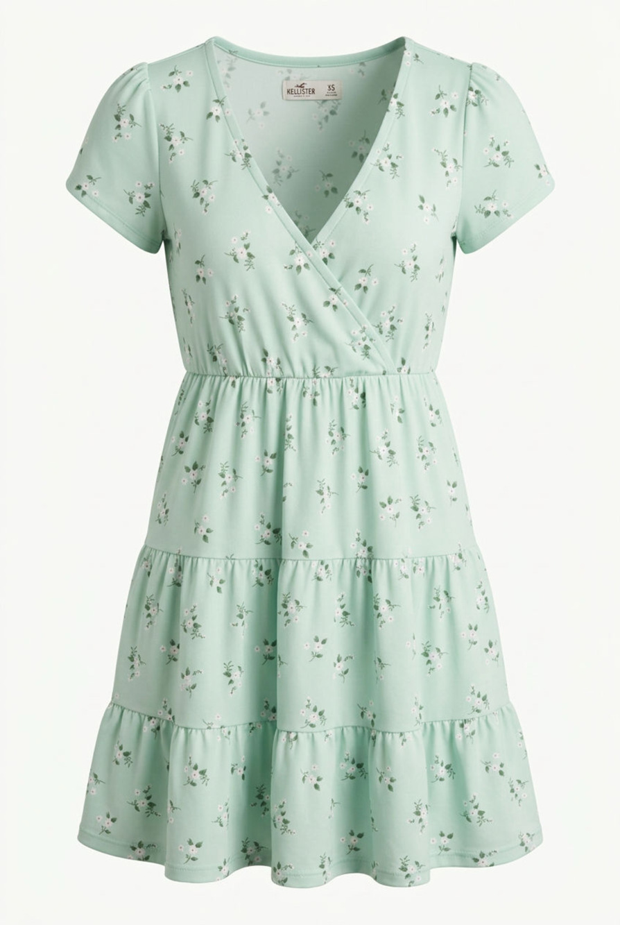 Hollister Mint Green Floral Print Tiered Babydoll Dress